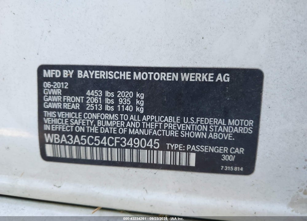 2012 BMW 3 SERIES VIN: WBA3A5C54CF349045