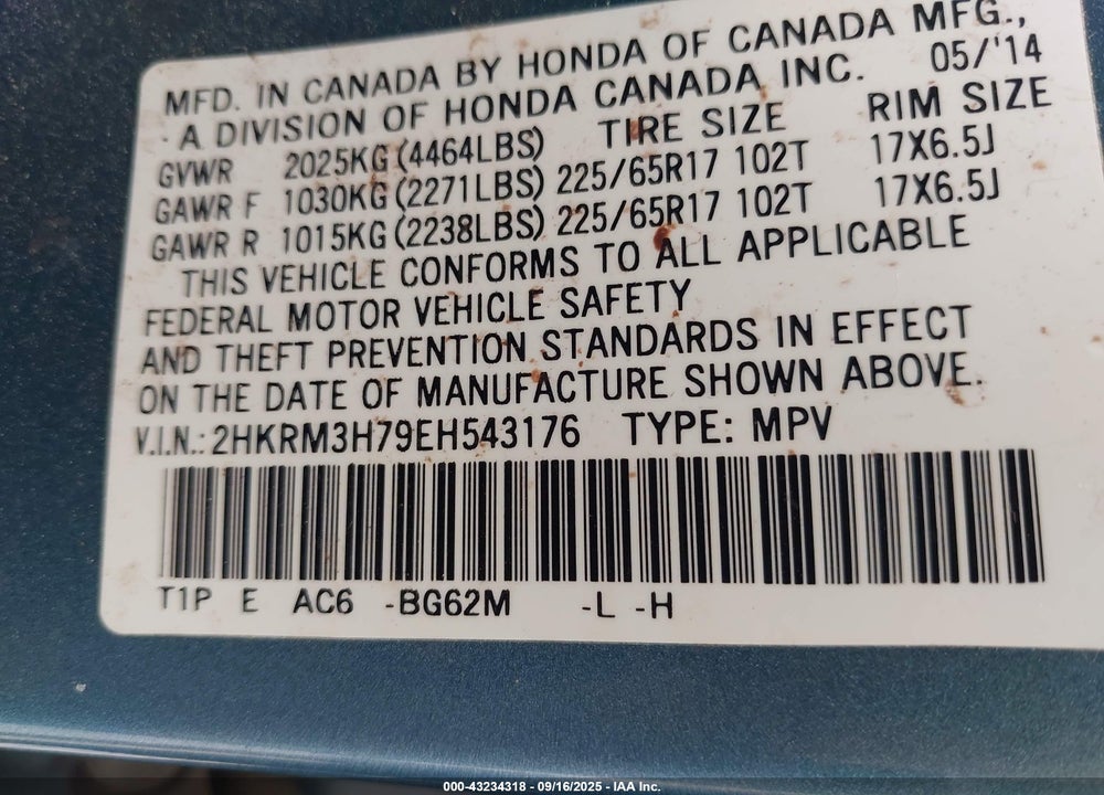 2014 HONDA CR-V EX-L VIN: 2HKRM3H79EH543176