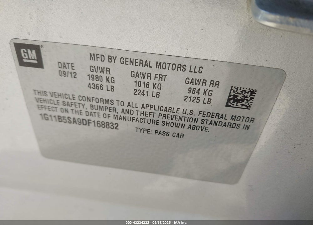 2013 CHEVROLET MALIBU VIN: 1G11B5SA9DF168832