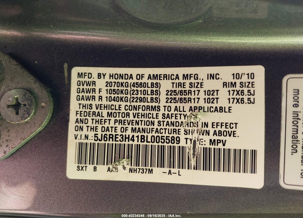 2011 HONDA CR-V VIN: 5J6RE3H41BL005589