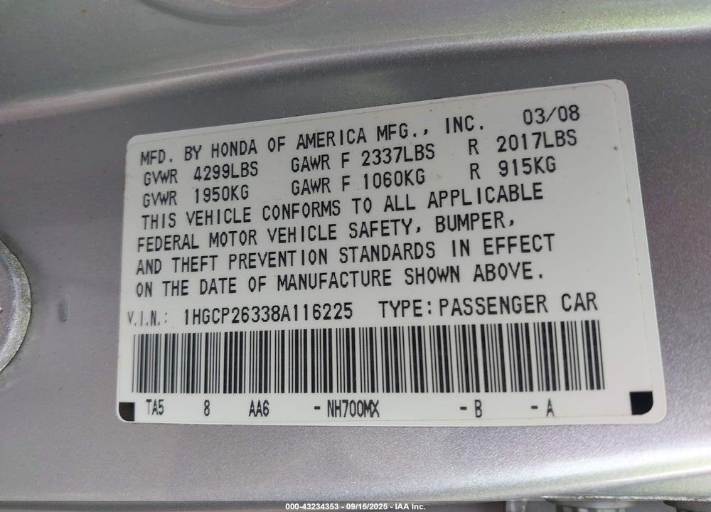 2008 HONDA ACCORD 2.4 LX VIN: 1HGCP26338A116225