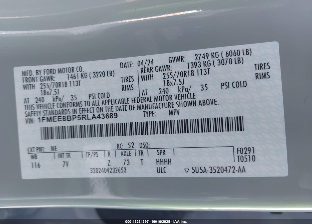 2024 FORD BRONCO VIN: 1FMEE8BP5RLA43689