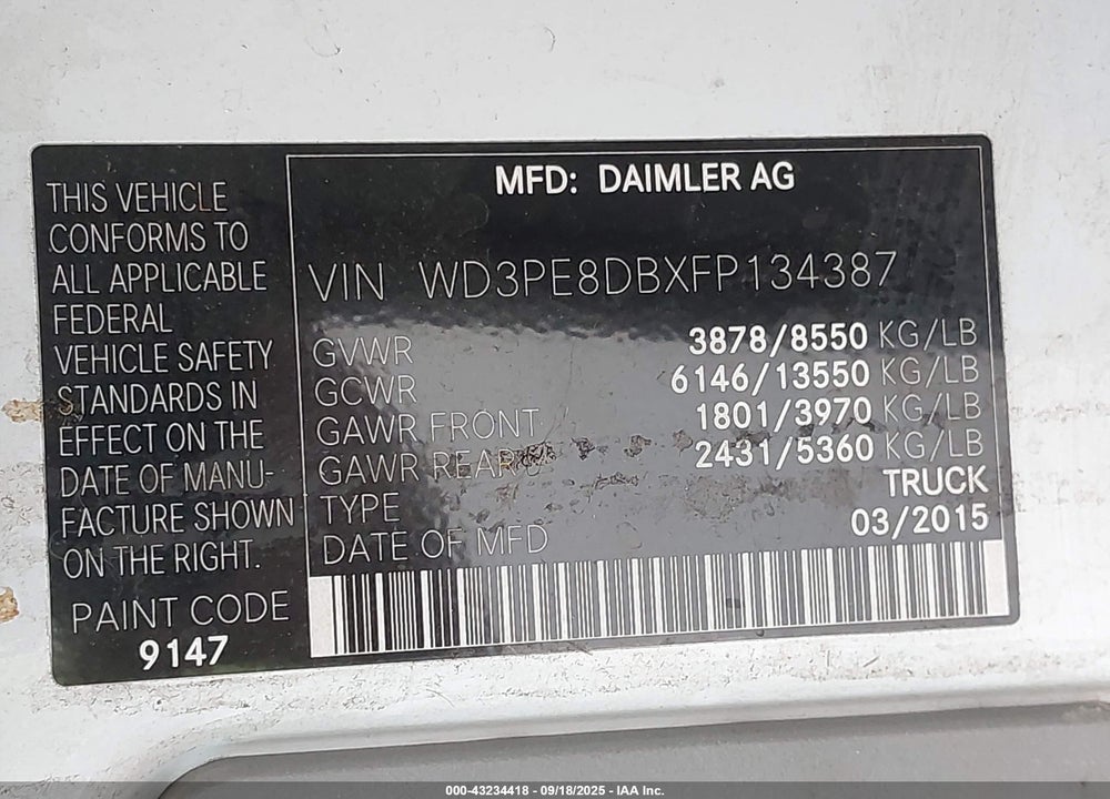 2015 MERCEDES-BENZ SPRINTER VIN: WD3PE8DBXFP134387