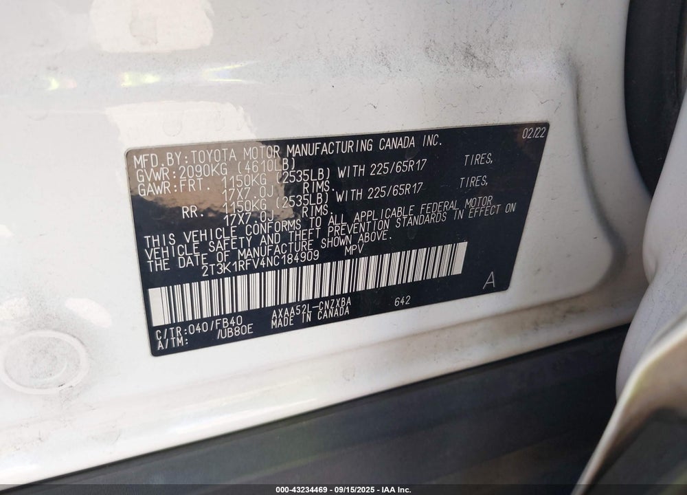 2022 TOYOTA RAV4 VIN: 2T3K1RFV4NC184909