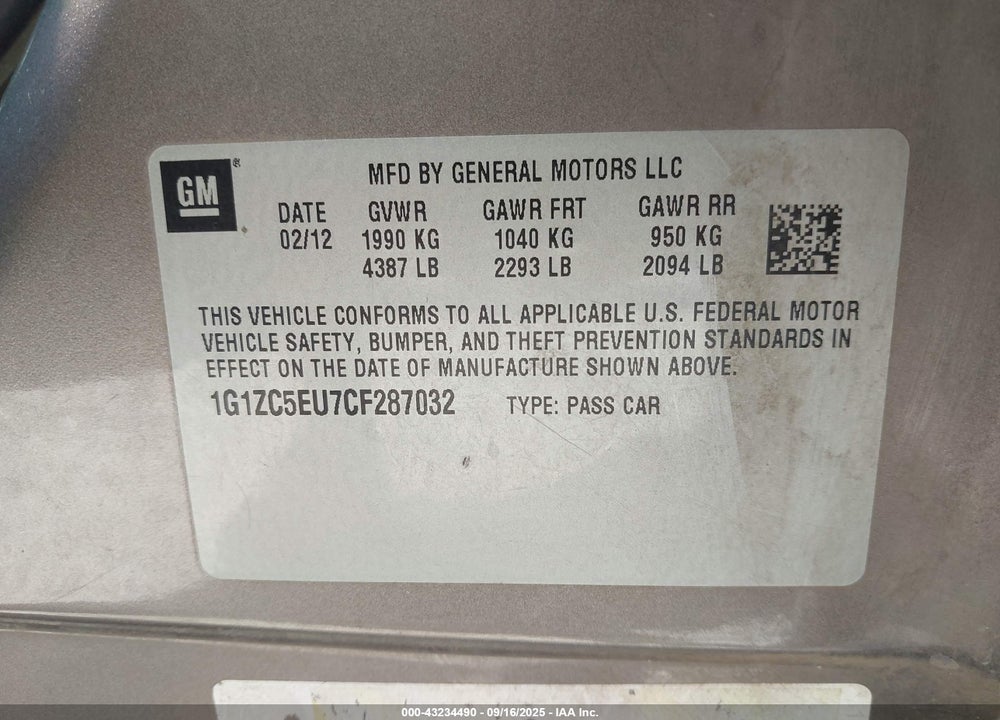 2012 CHEVROLET MALIBU VIN: 1G1ZC5EU7CF287032