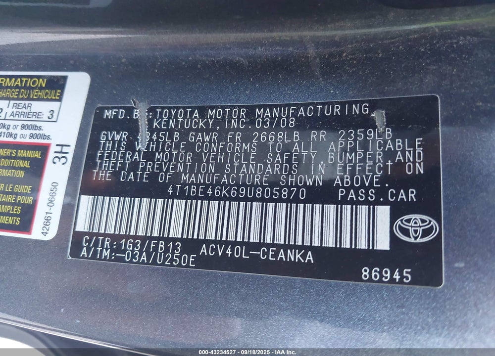 2009 TOYOTA CAMRY VIN: 4T1BE46K69U805870