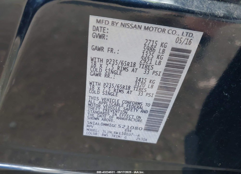 2016 INFINITI QX60 VIN: 5N1AL0MM1GC521080