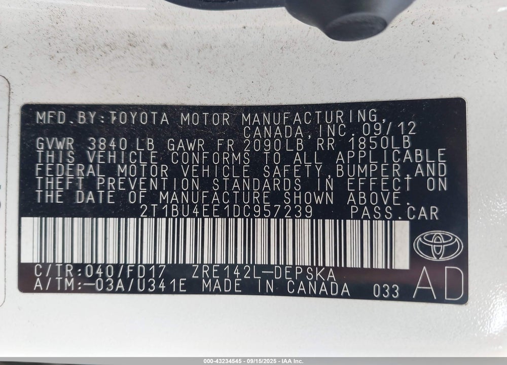 2013 TOYOTA COROLLA VIN: 2T1BU4EE1DC957239