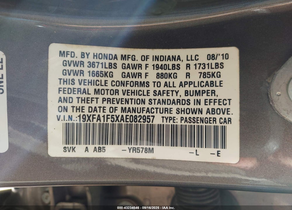 2010 HONDA CIVIC LX VIN: 19XFA1F5XAE082957