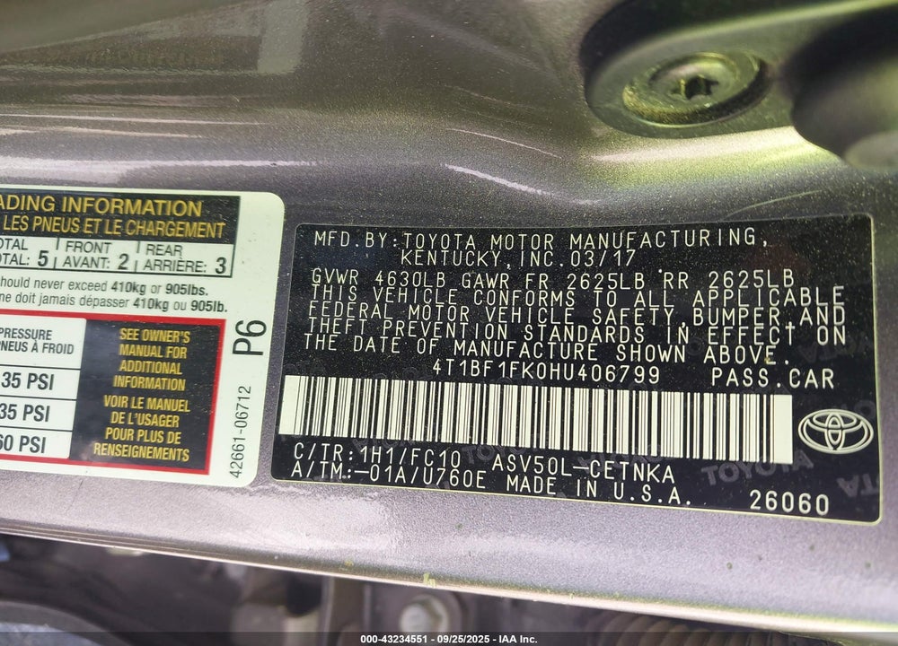 2017 TOYOTA CAMRY VIN: 4T1BF1FK0HU406799