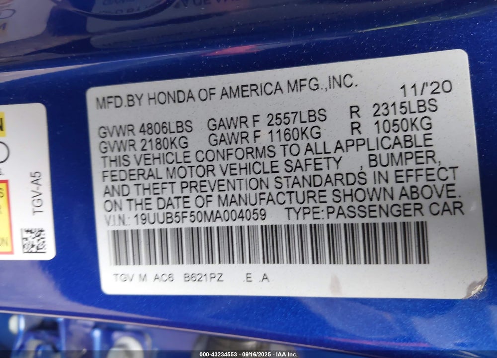 2021 ACURA TLX VIN: 19UUB5F50MA004059