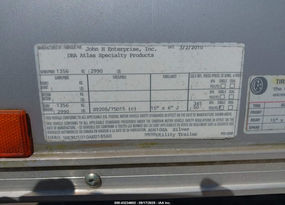 2010 ATLAS OTHER VIN: 5HCKU1010AE018560