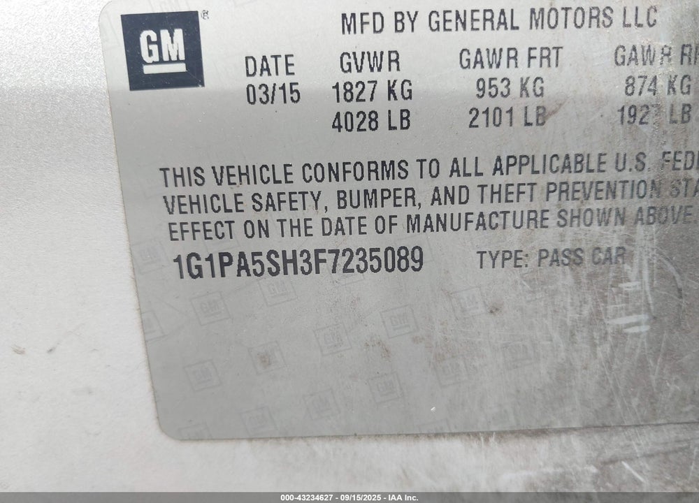 2015 CHEVROLET CRUZE VIN: 1G1PA5SH3F7235089