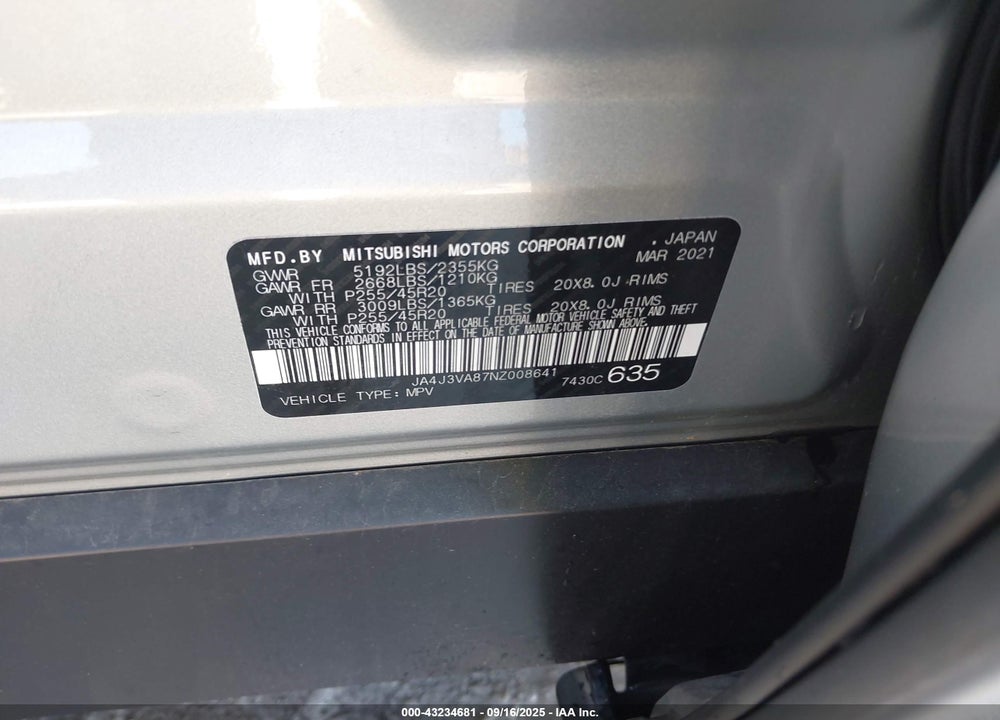 2022 MITSUBISHI OUTLANDER VIN: JA4J3VA87NZ008641
