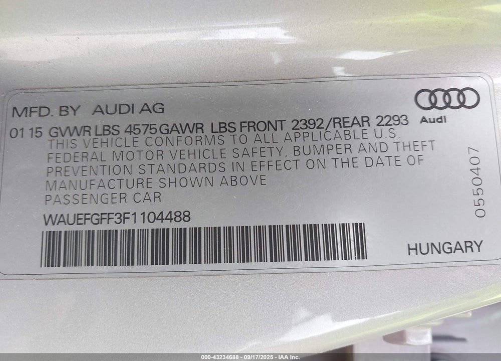 2015 AUDI A3 VIN: WAUEFGFF3F1104488