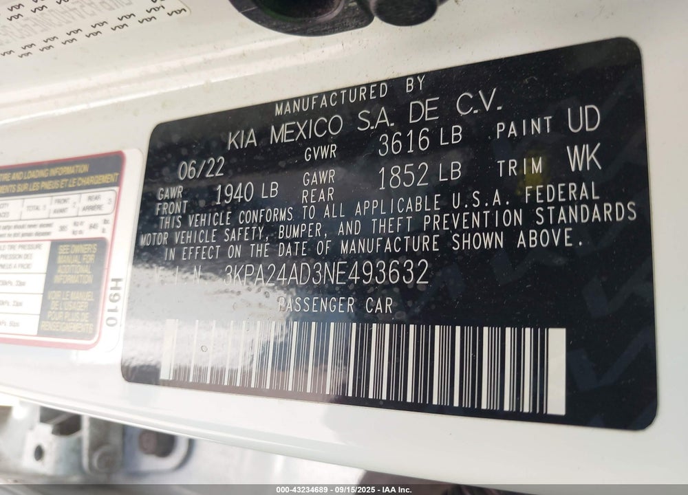 2022 KIA RIO S VIN: 3KPA24AD3NE493632