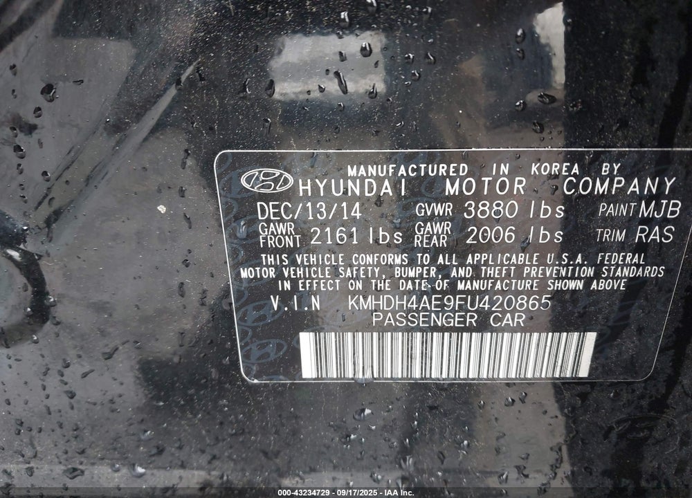 2015 HYUNDAI ELANTRA SE VIN: KMHDH4AE9FU420865