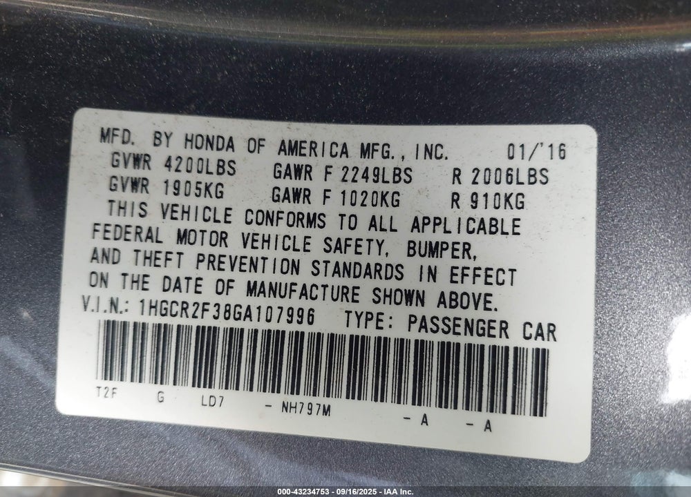 2016 HONDA ACCORD VIN: 1HGCR2F38GA107996