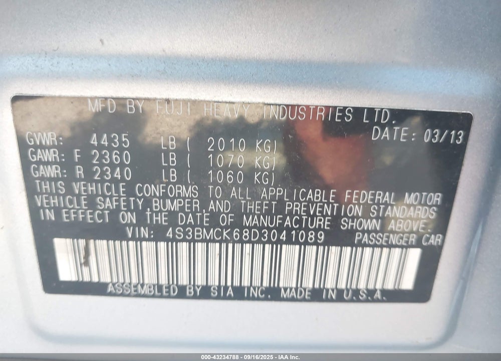 2013 SUBARU LEGACY 2.5I LIMITED VIN: 4S3BMCK68D3041089