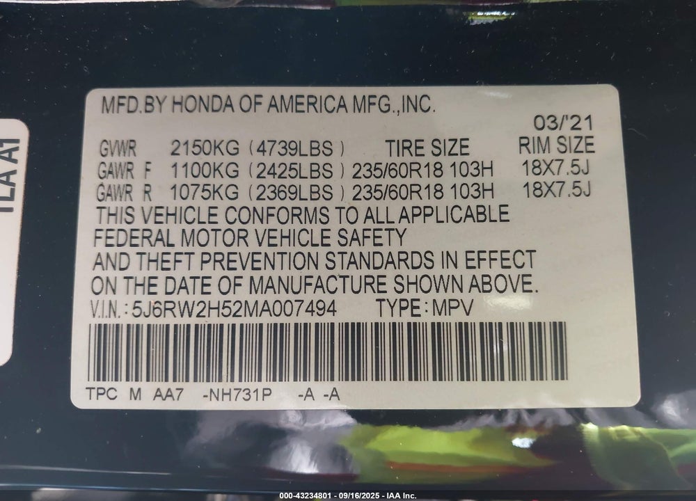 2021 HONDA CR-V AWD EX VIN: 5J6RW2H52MA007494