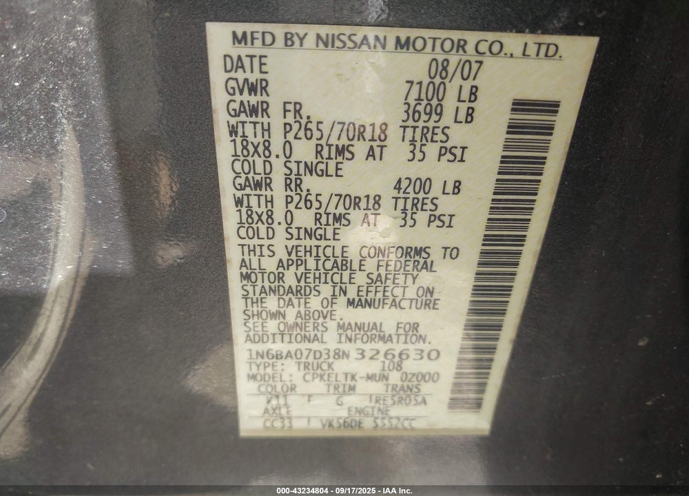 2008 NISSAN TITAN SE VIN: 1N6BA07D38N326630