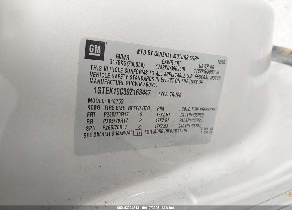2009 GMC SIERRA 1500 VIN: 1GTEK19C59Z163447