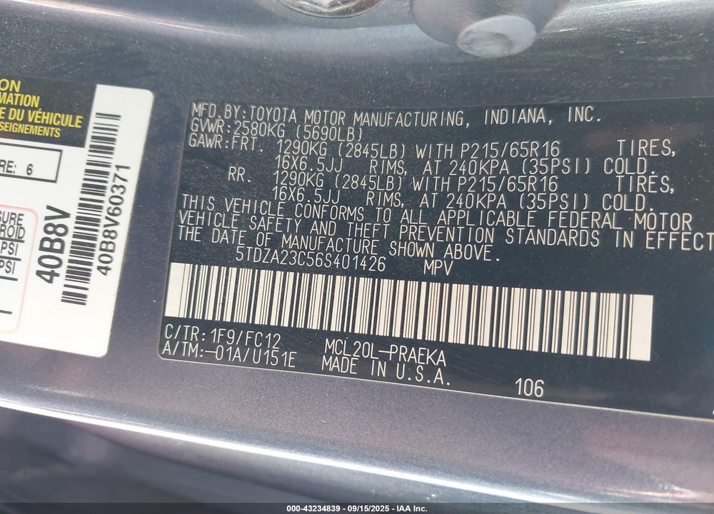 2006 TOYOTA SIENNA LE VIN: 5TDZA23C56S401426