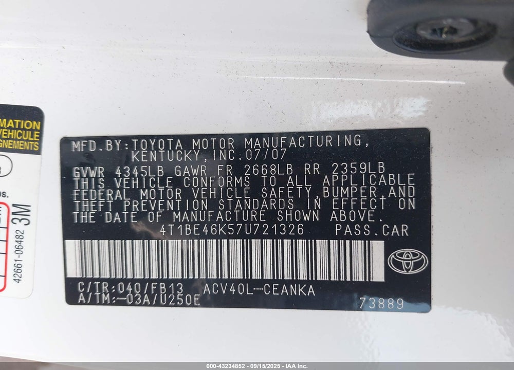 2007 TOYOTA CAMRY VIN: 4T1BE46K57U721326