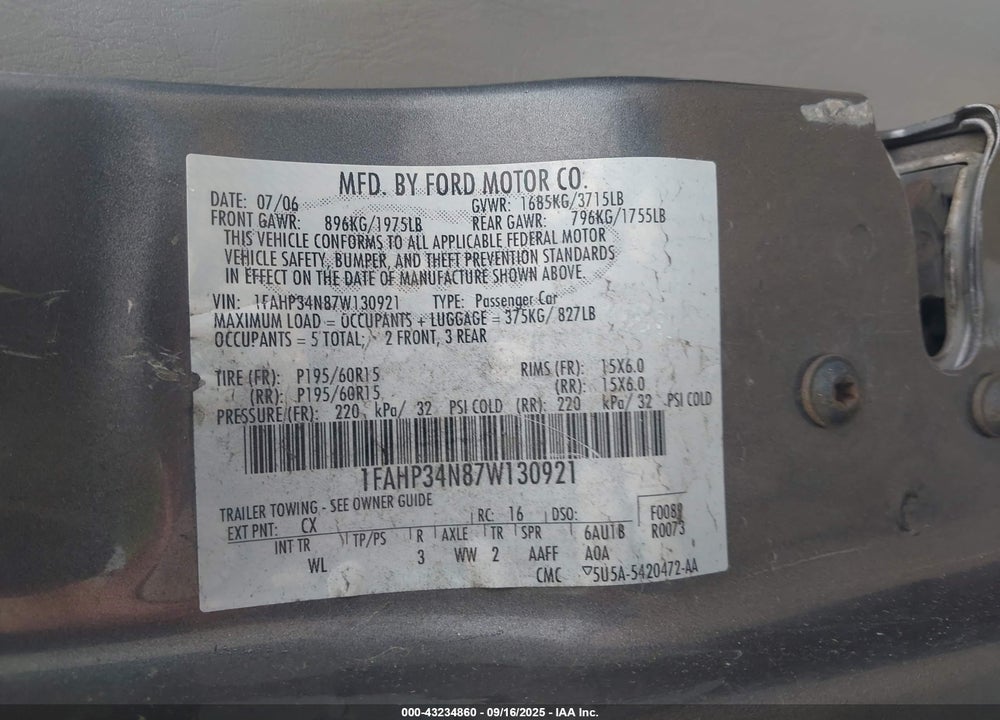 2007 FORD FOCUS S/SE/SES VIN: 1FAHP34N87W130921