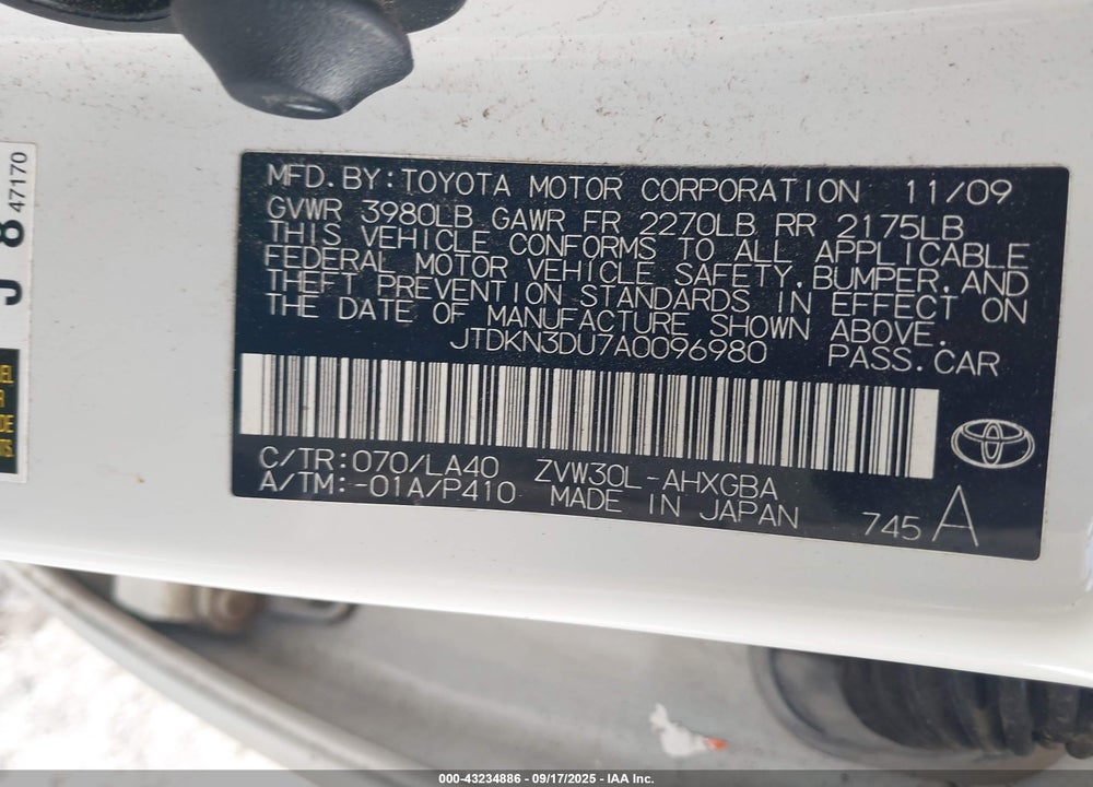 2010 TOYOTA PRIUS VIN: JTDKN3DU7A0096980