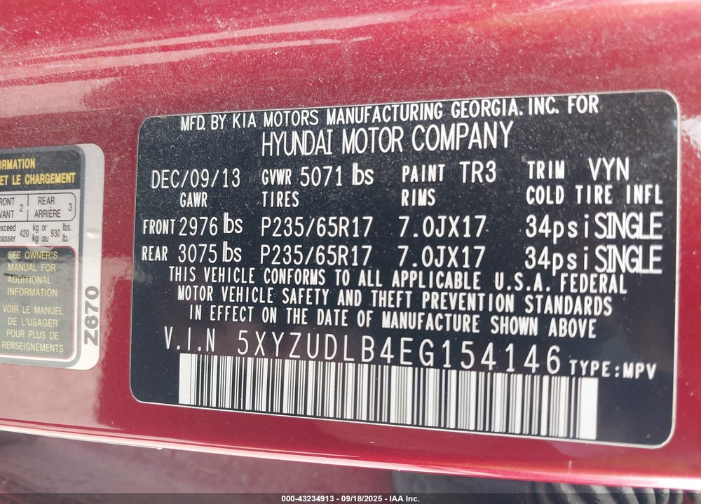 2014 HYUNDAI SANTA FE VIN: 5XYZUDLB4EG154146