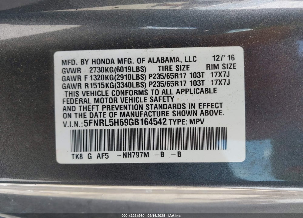 2016 HONDA ODYSSEY EX-L VIN: 5FNRL5H69GB164542