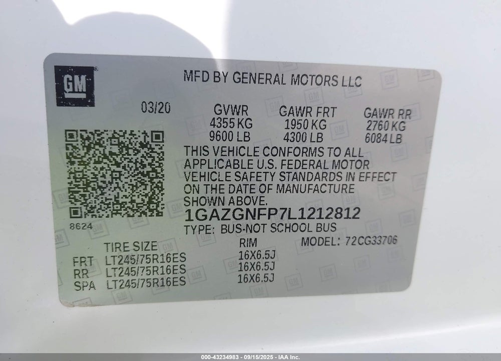 2020 CHEVROLET EXPRESS PASSENGER VIN: 1GAZGNFP7L1212812