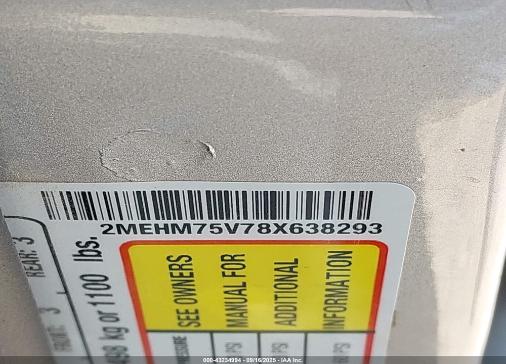 2008 MERCURY GRAND MARQUIS VIN: 2MEHM75V78X638293