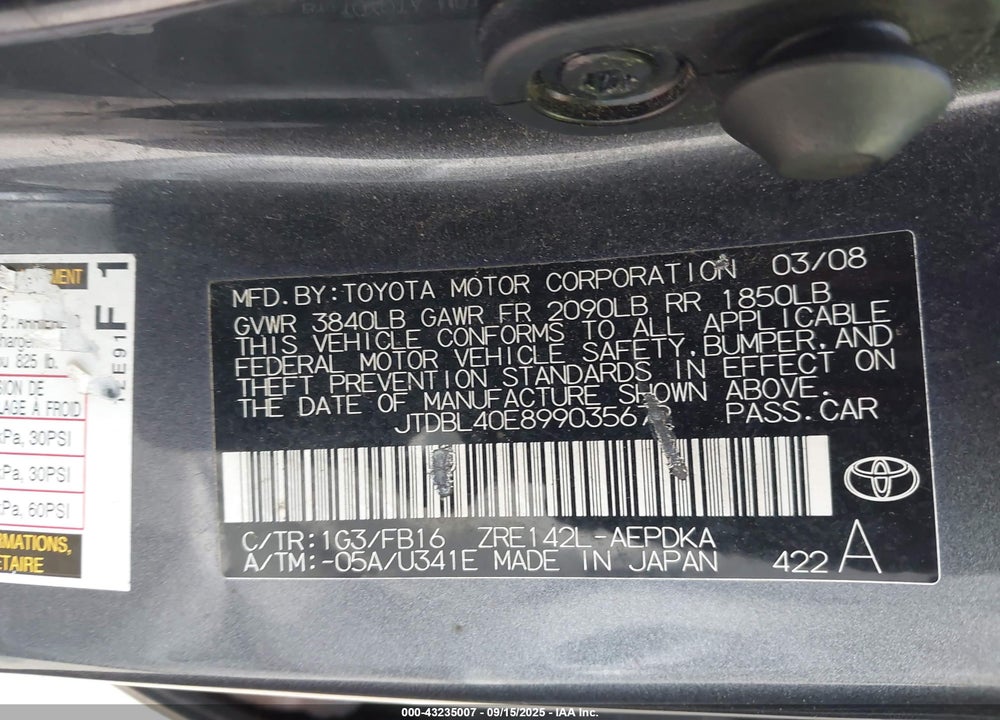 2009 TOYOTA COROLLA LE VIN: JTDBL40E899035672