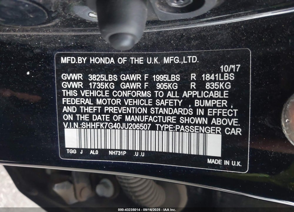 2018 HONDA CIVIC VIN: SHHFK7G40JU206507