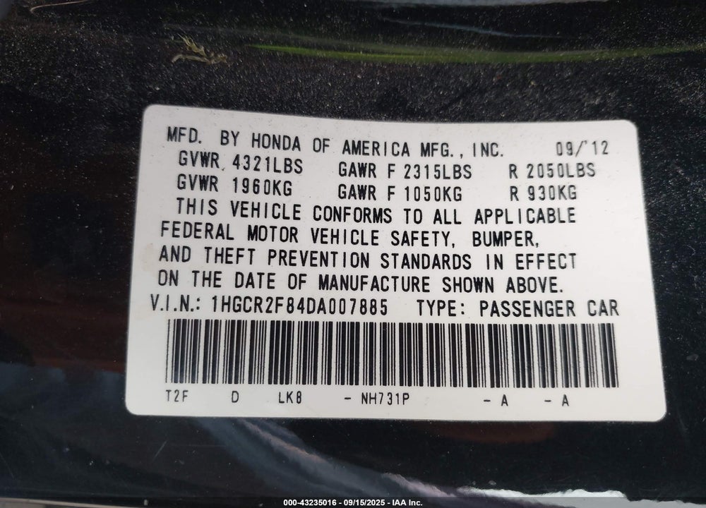 2013 HONDA ACCORD VIN: 1HGCR2F84DA007885