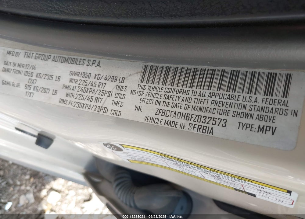 2015 FIAT 500L VIN: ZFBCFADH6FZ032573