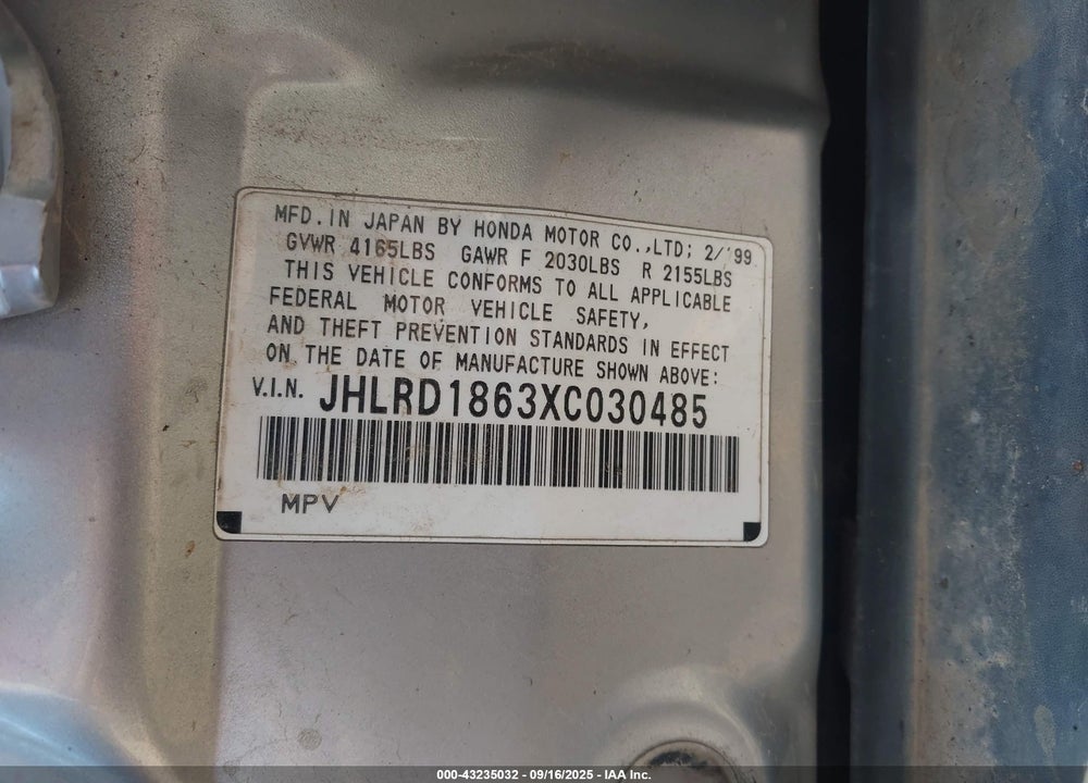 1999 HONDA CR-V EX VIN: JHLRD1863XC030485