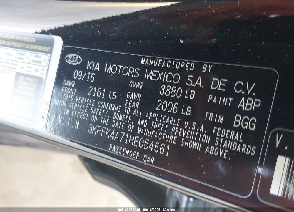 2017 KIA FORTE LX VIN: 3KPFK4A71HE054661