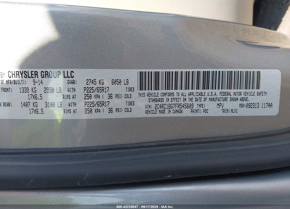 2015 CHRYSLER TOWN & COUNTRY TOURING VIN: 2C4RC1BG7FR545609