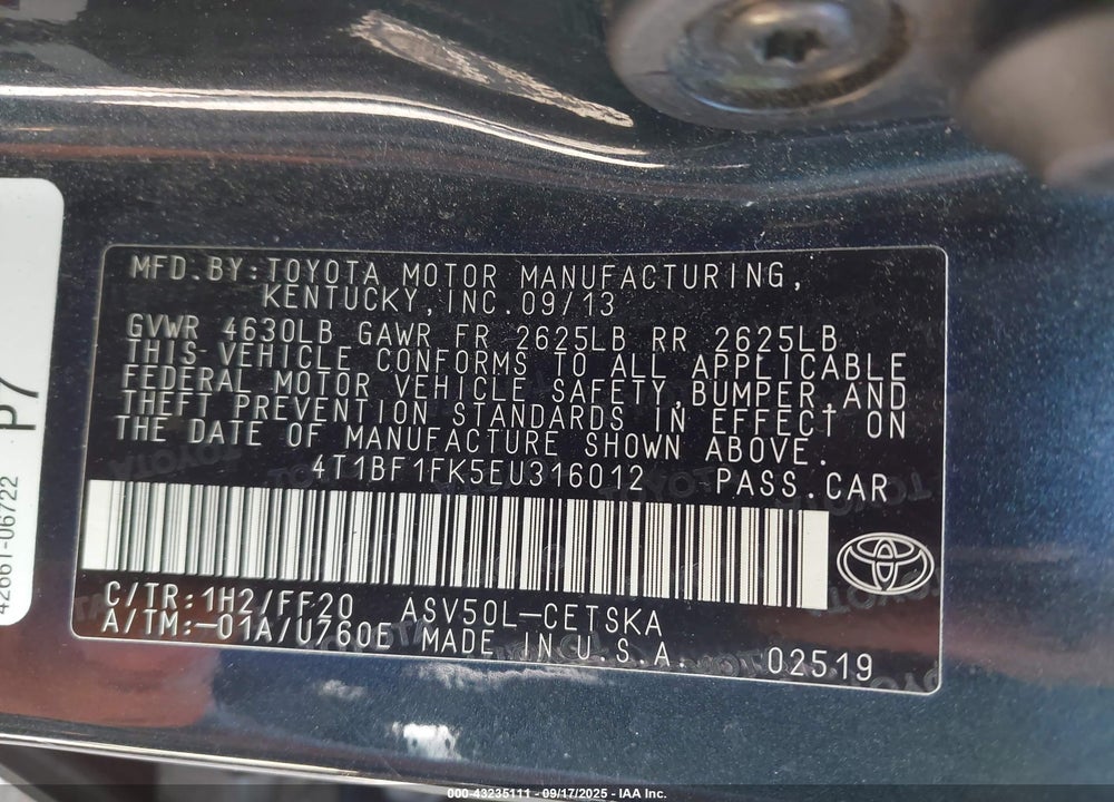 2014 TOYOTA CAMRY SE VIN: 4T1BF1FK5EU316012