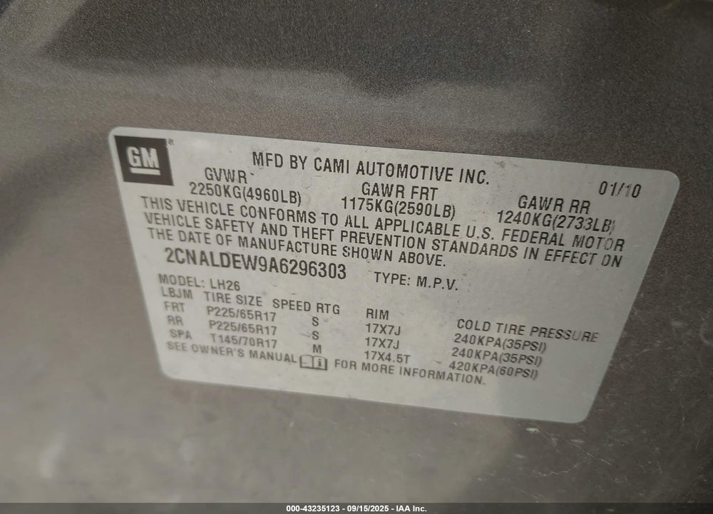 2010 CHEVROLET EQUINOX LT VIN: 2CNALDEW9A6296303
