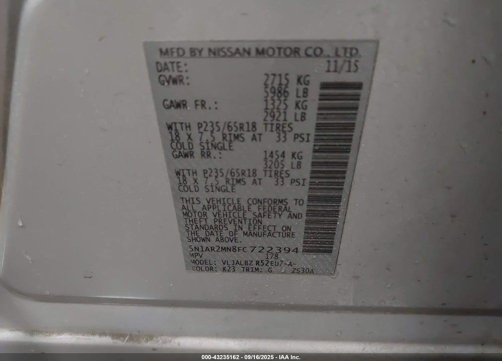 2015 NISSAN PATHFINDER VIN: 5N1AR2MN8FC722394