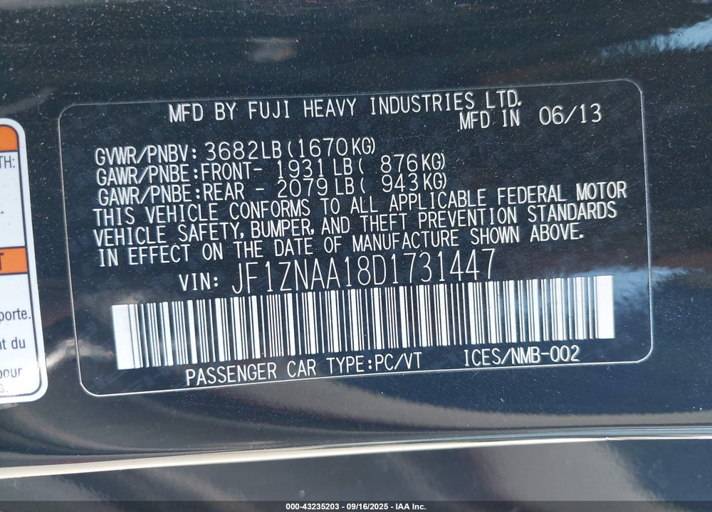 2013 SCION FR-S VIN: JF1ZNAA18D1731447