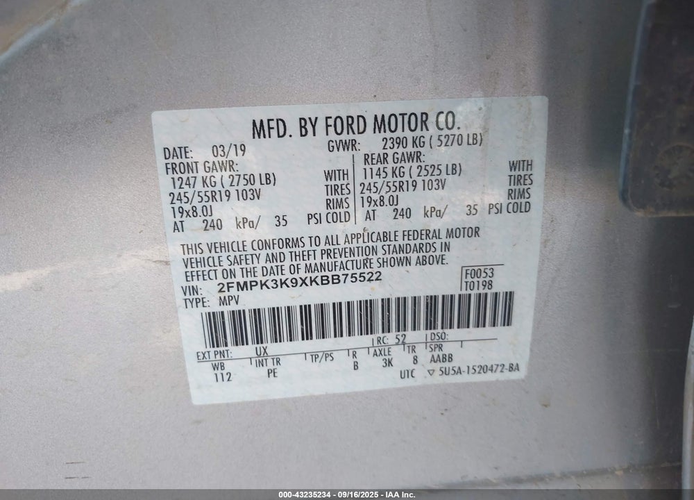 2019 FORD EDGE TITANIUM VIN: 2FMPK3K9XKBB75522