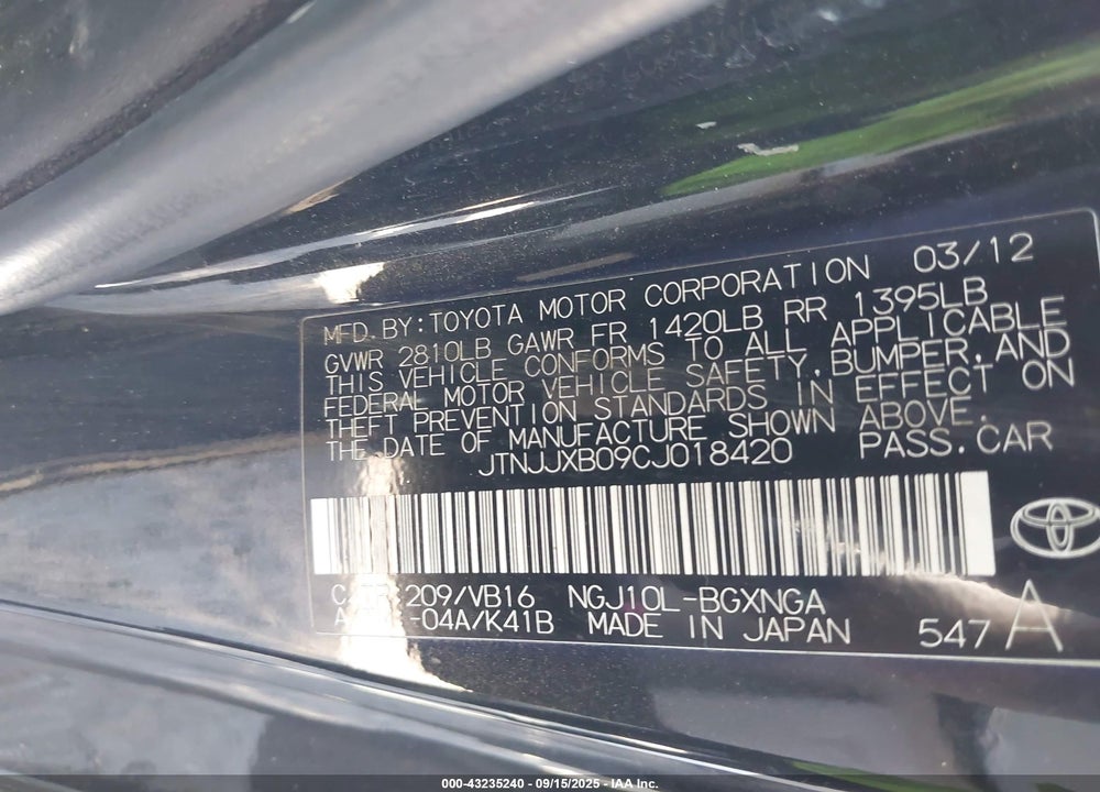 2012 SCION IQ VIN: JTNJJXB09CJ018420
