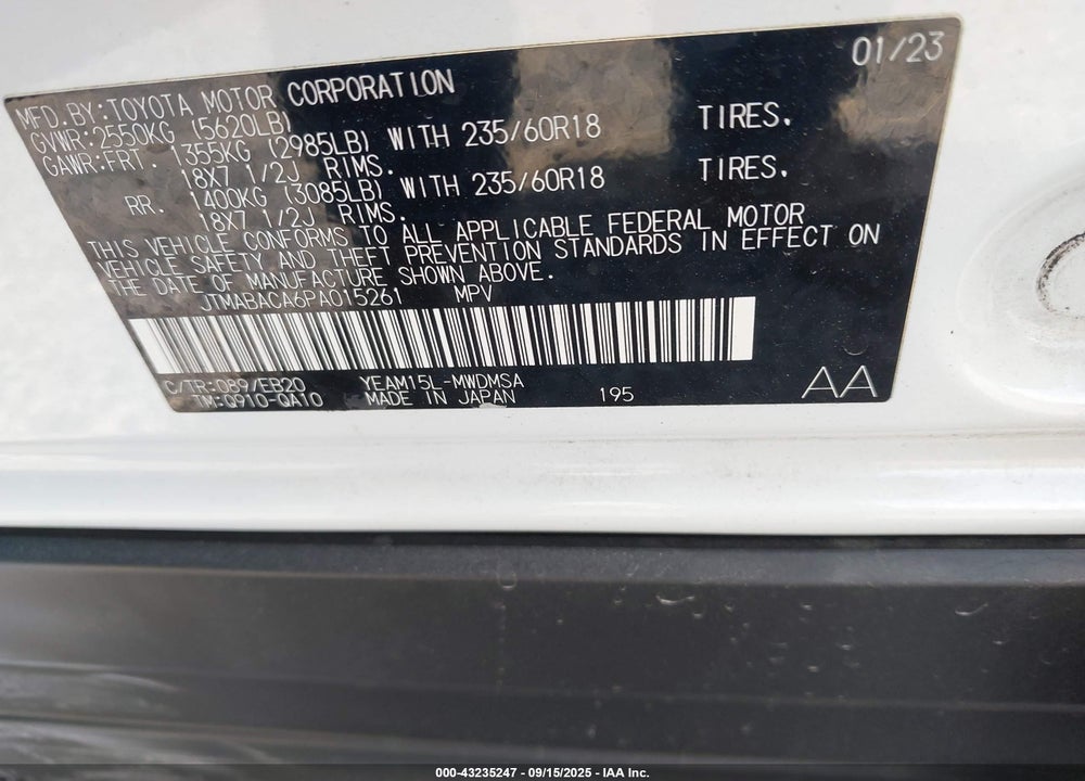 2023 TOYOTA BZ4X VIN: JTMABACA6PA015261