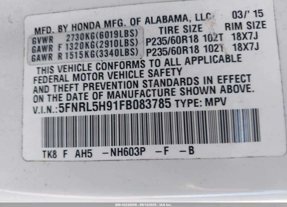 2015 HONDA ODYSSEY VIN: 5FNRL5H91FB083785