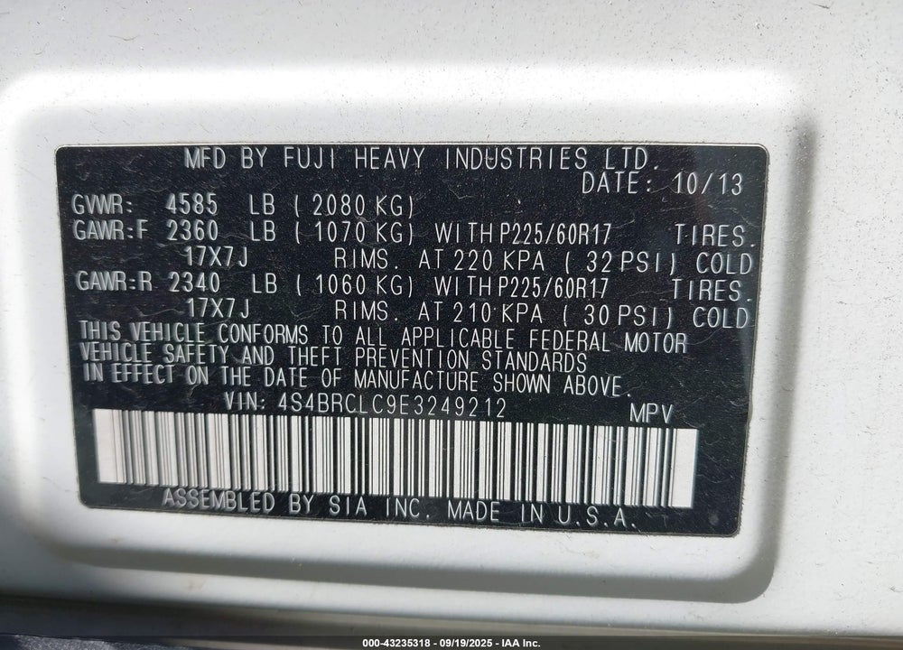 2014 SUBARU OUTBACK VIN: 4S4BRCLC9E3249212